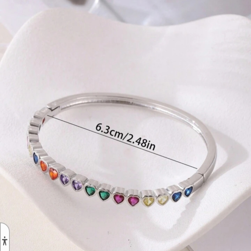 STERLING Silver Bangle Bracelet with Sparkling Colorful Heart Shaped Gemstones - Picture 15 of 15